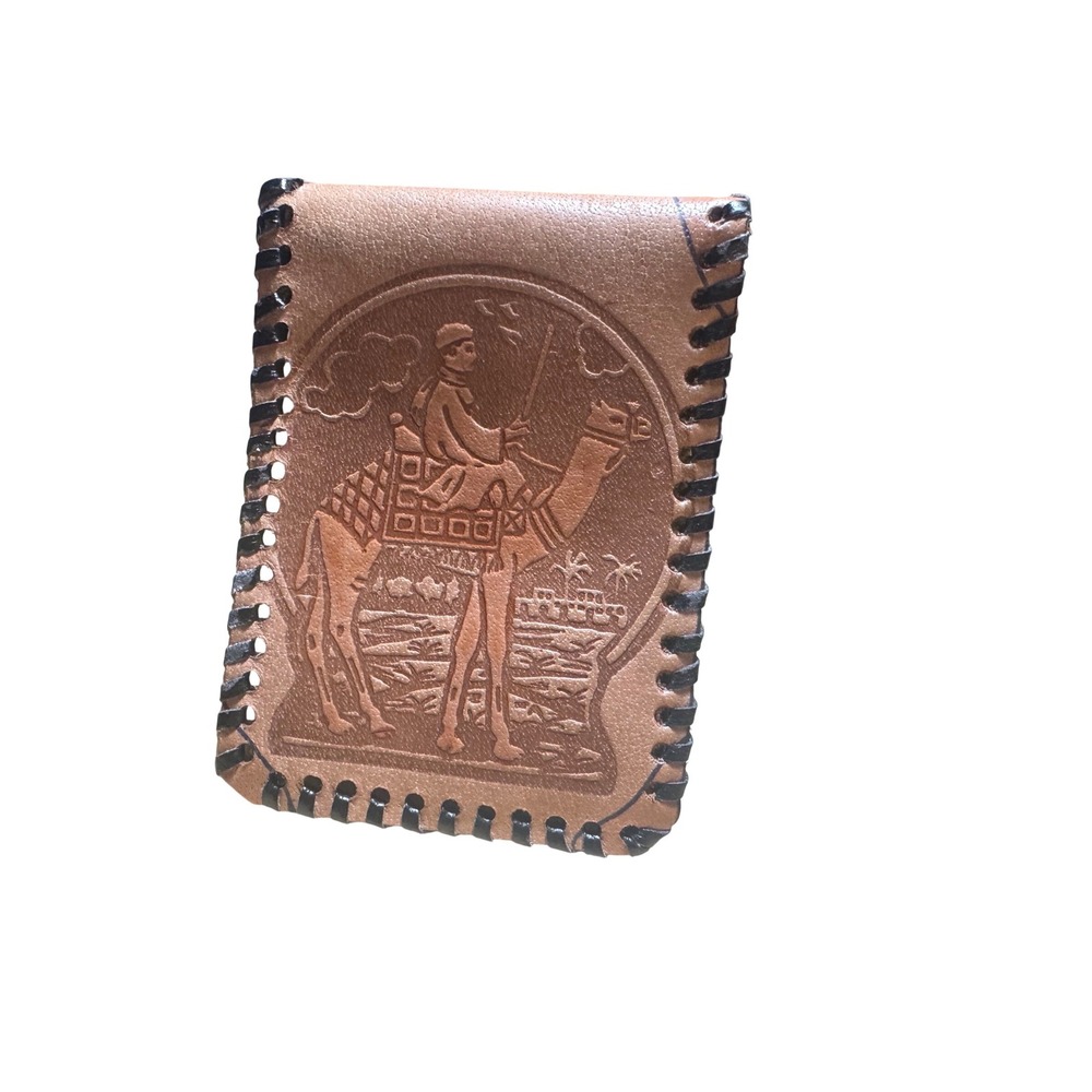 Vintage Hand Tooled Leather Camel Bifold Wallet Whipstitch Tan Desert Scene 70's